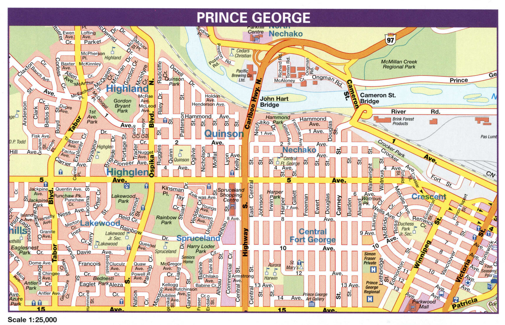 Prince George city map. Detailed map of city Prince George with all streets and roads
