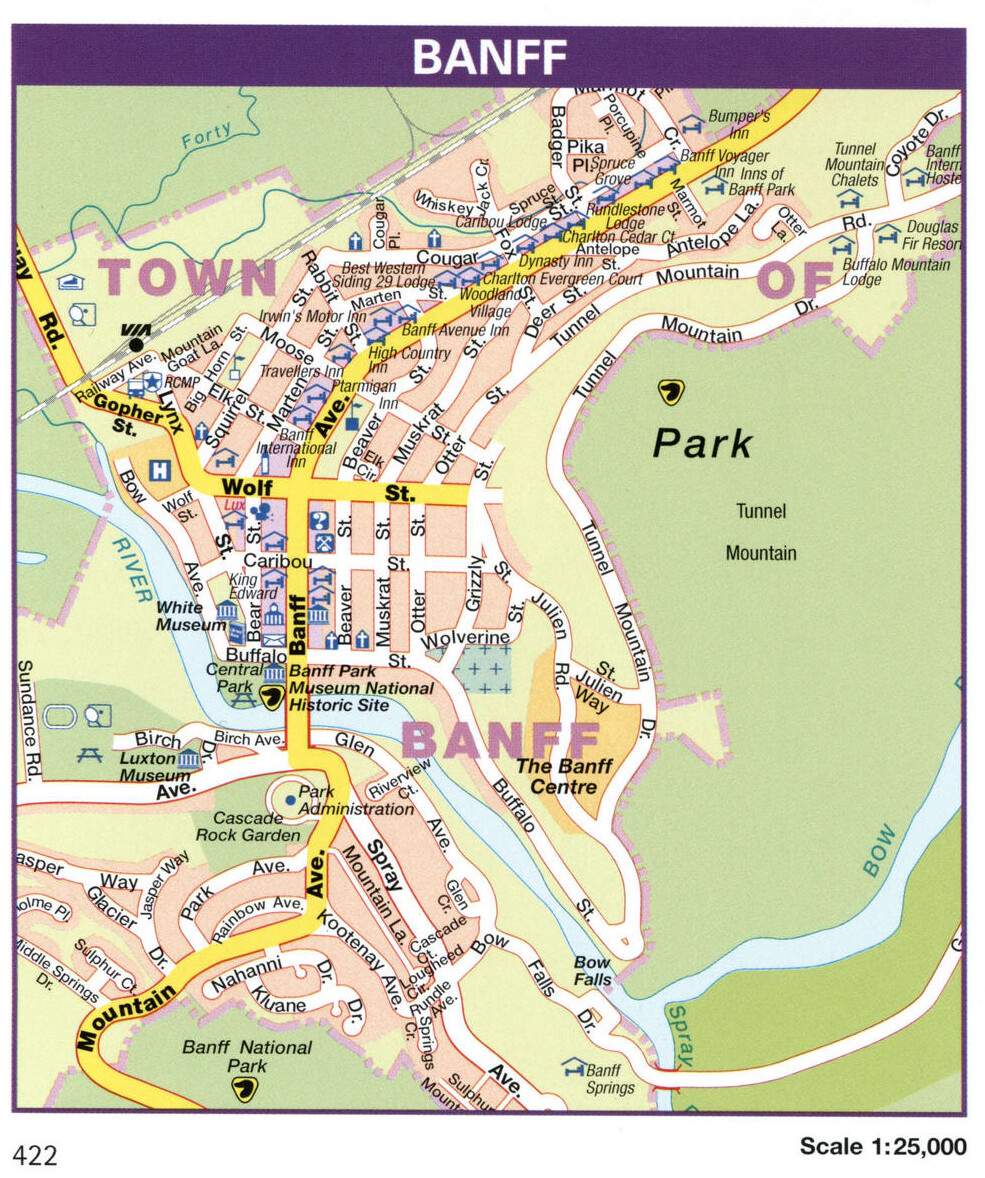 Banff city map. Detailed map of the Canadian city Banff with all streets and roads.