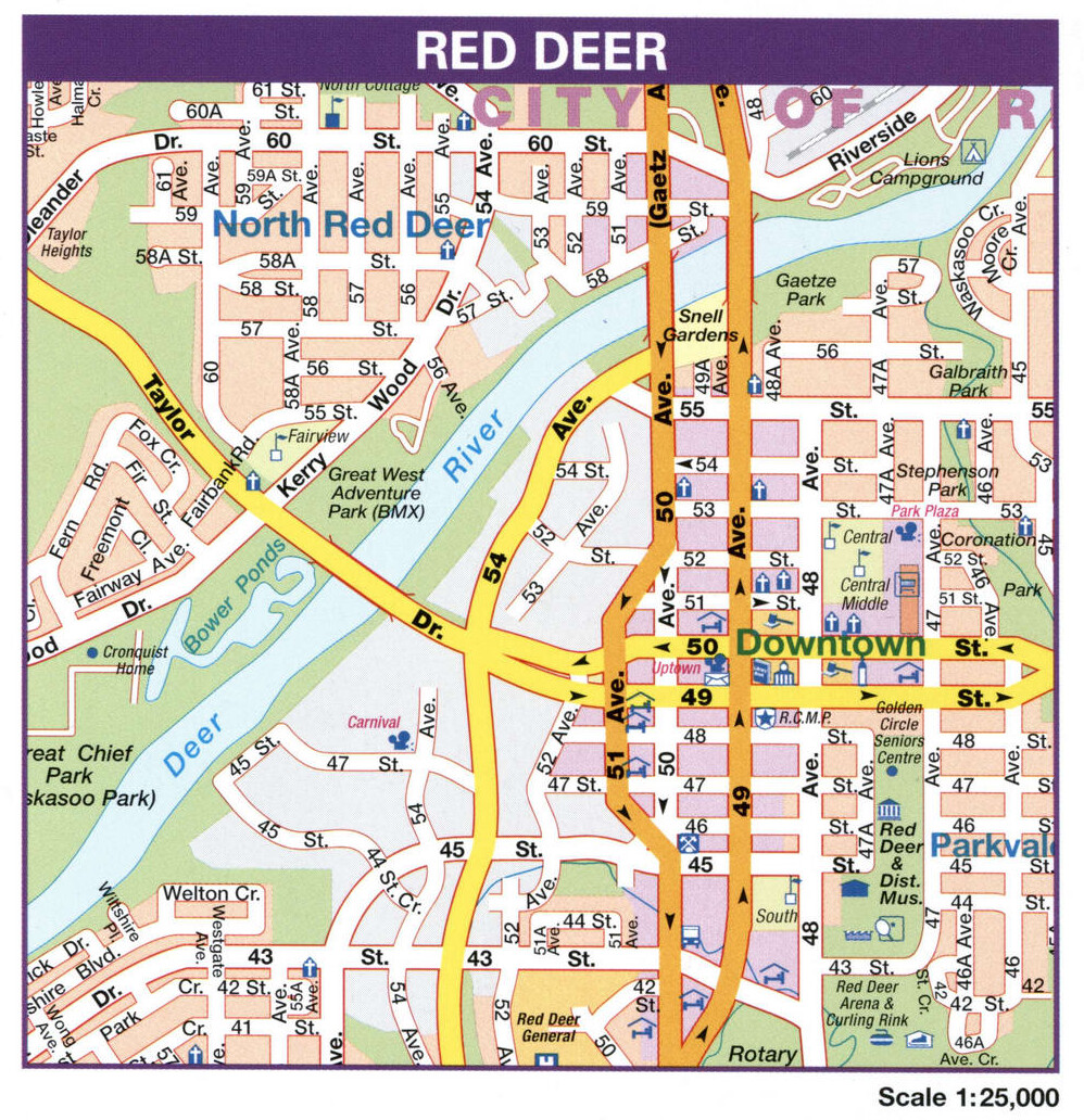 Red Deer city map. Detailed map of the Canadian city Red Deer with all streets and roads.