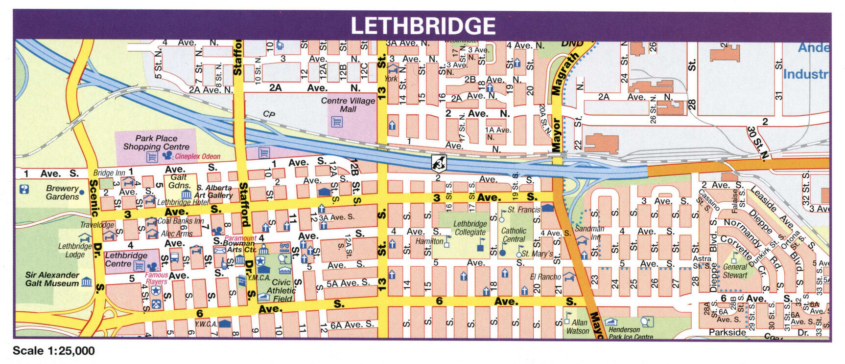 LethBridge city map. Detailed map of city Lethbridge with all streets and roads