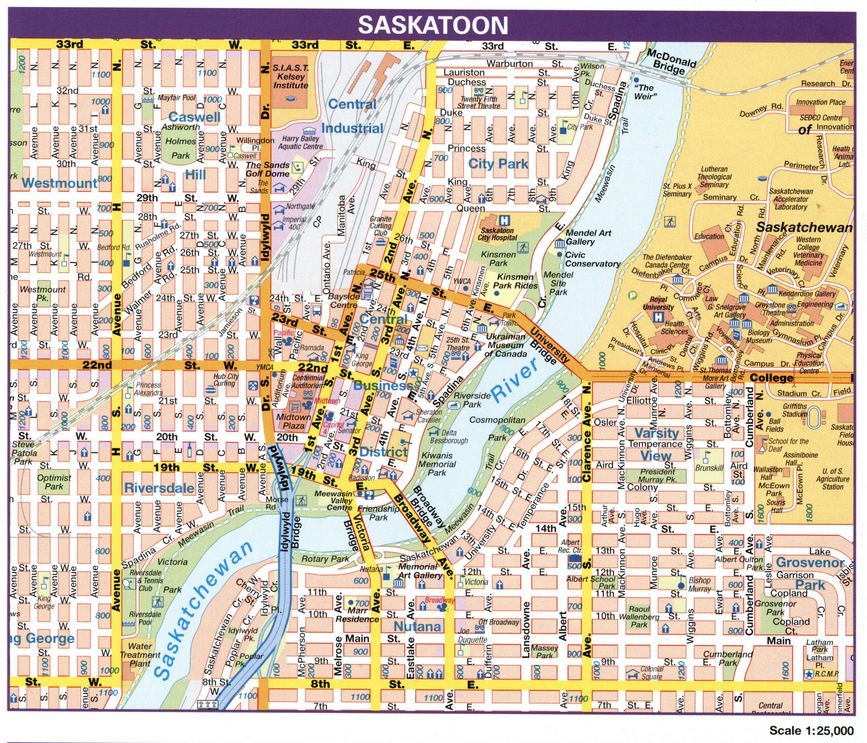 Saskatoon city map. Detailed map of city Saskatoon with all streets and roads Saskatoon city map. Detailed map of city Saskatoon with all streets and roads
