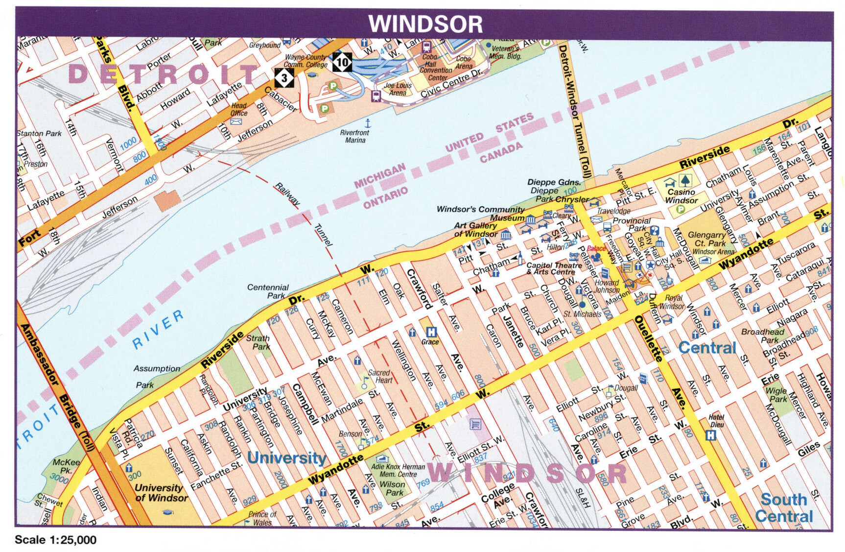 Windsor city map. Detailed map of city Windsor with all streets and roads