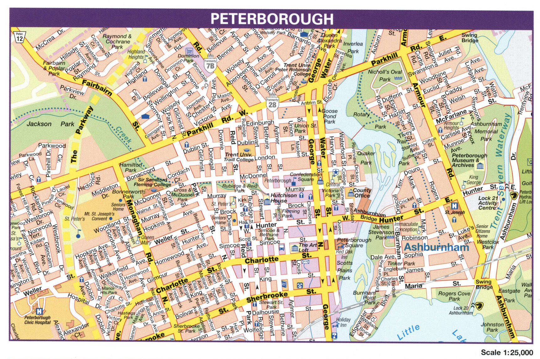 Peterborough city map, Canada. Detailed map of city Peterborough with all streets and roads