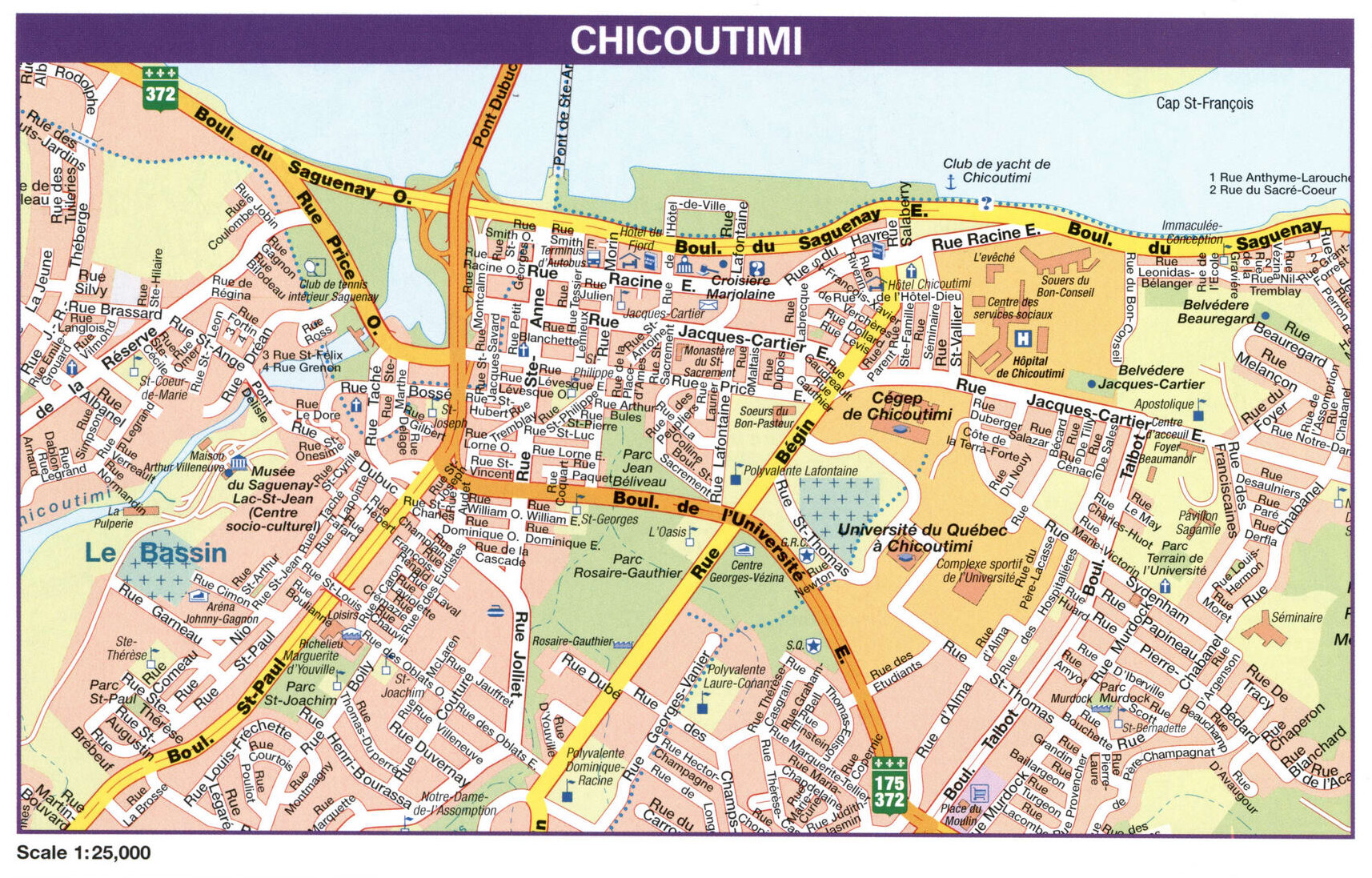 Chicoutimi city map. Detailed map of the Canadian city Chicoutimi with all streets and roads.