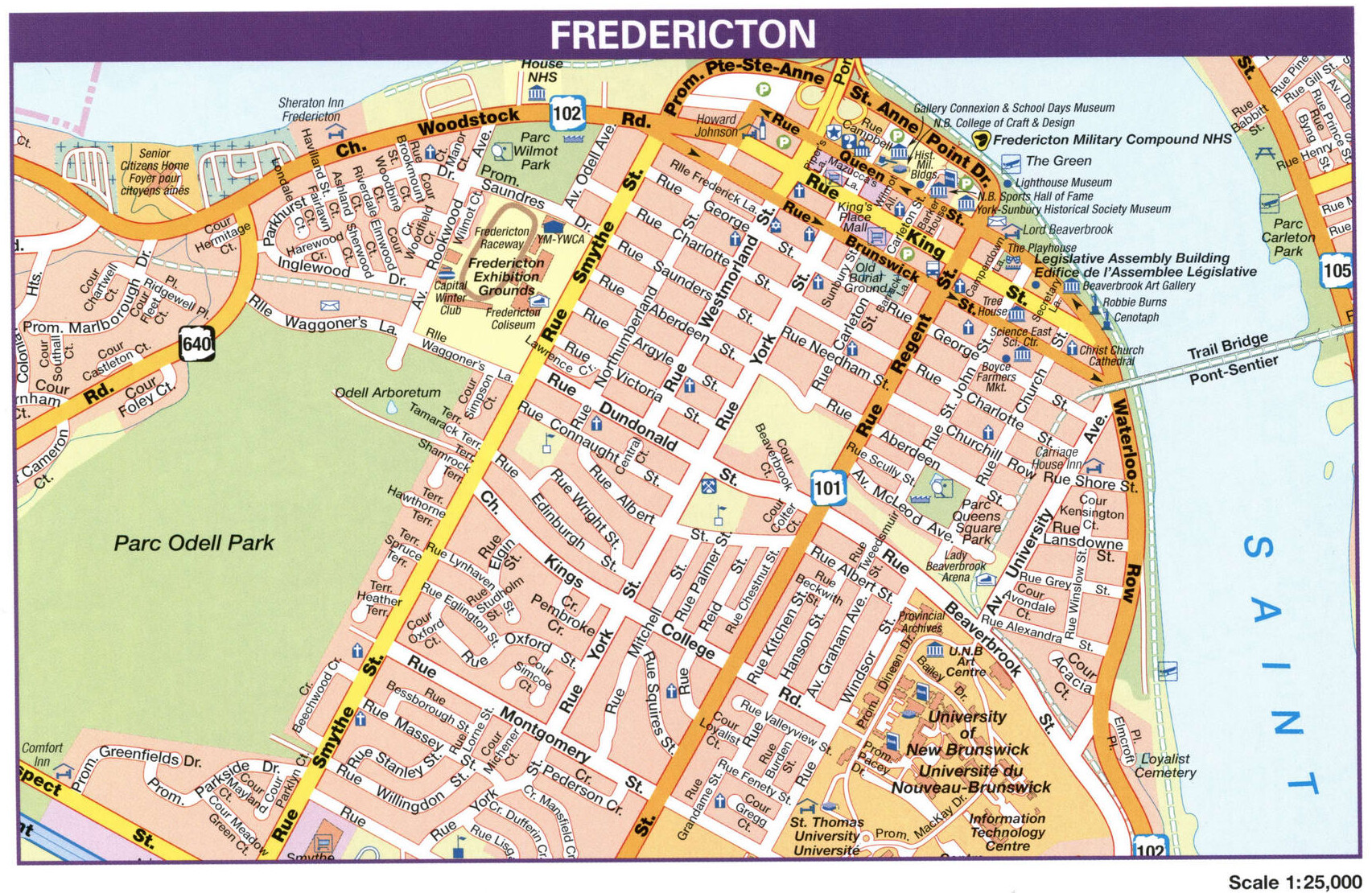 Fredericton city map. Detailed map of the Canadian city Fredericton with all streets and roads.
