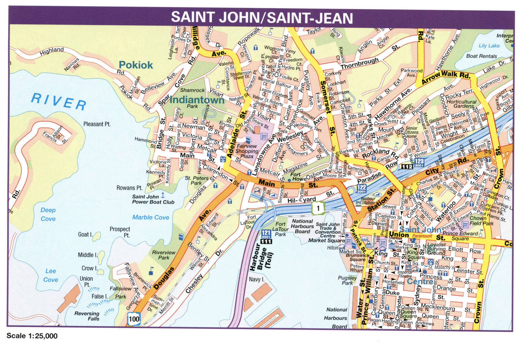 Saint John / Saint-Jean city map. Detailed map of city Saint John / Saint-Jean with all streets and roads
