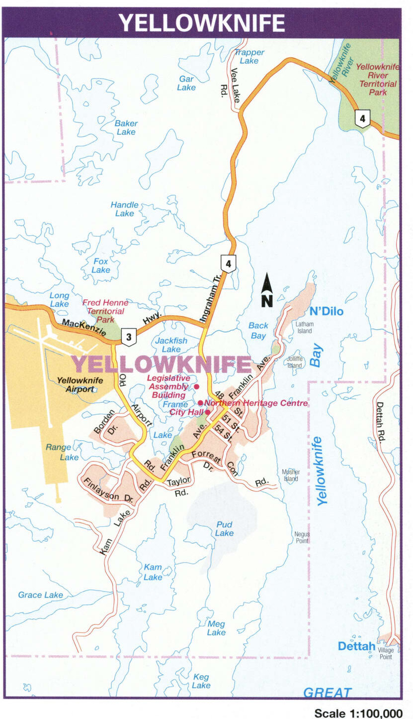 Yellowknife city map. Detailed map of the Canadian city Yellowknife with all streets and roads.
