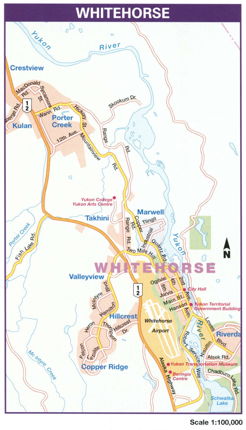 Whitehorse city map. Detailed map of the Canadian city Whitehorse with all streets and roads.