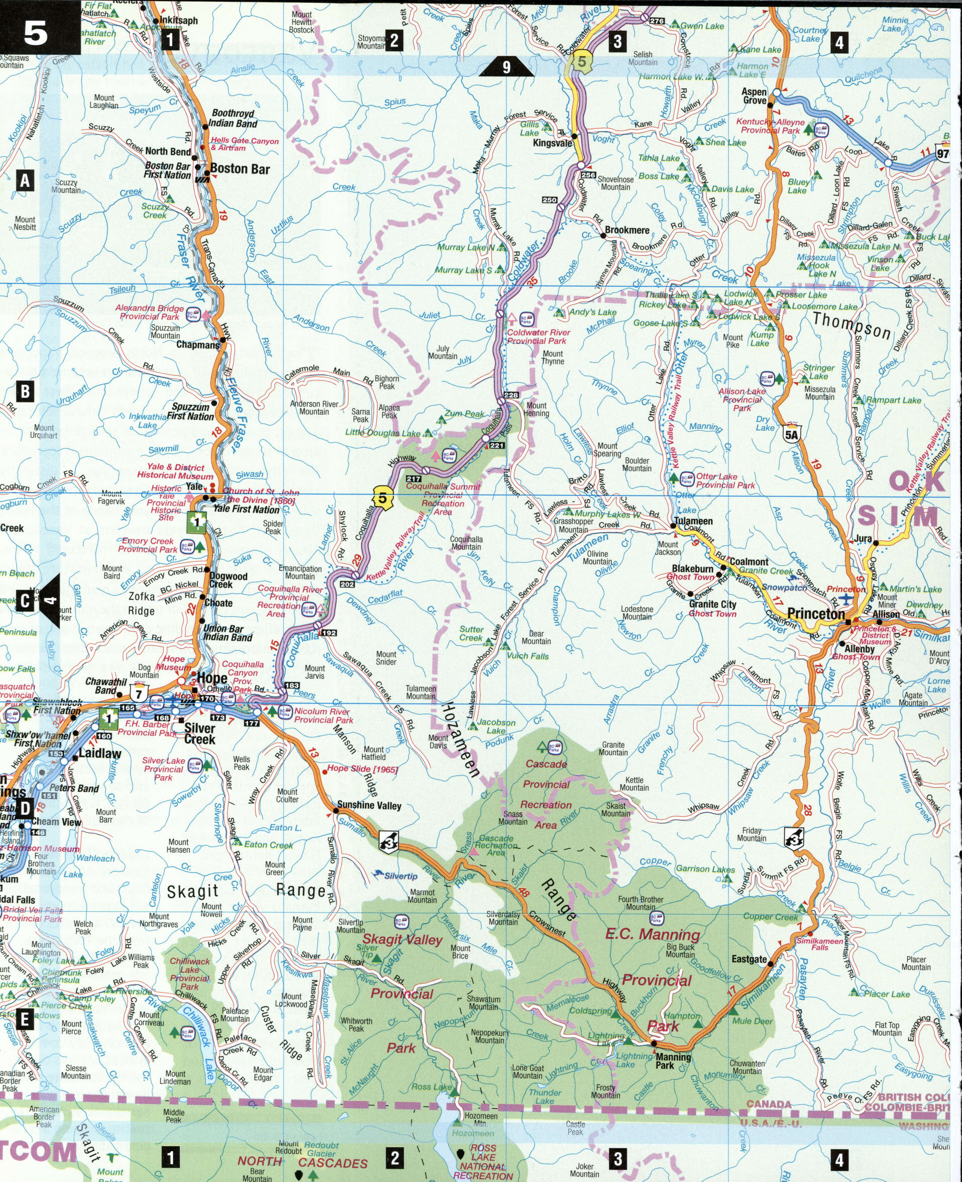Map Okanagan Similkameen. Detailed map of the surroundings of Kelowna with roads, villages, names of rivers and streams, mountains, and hills.
