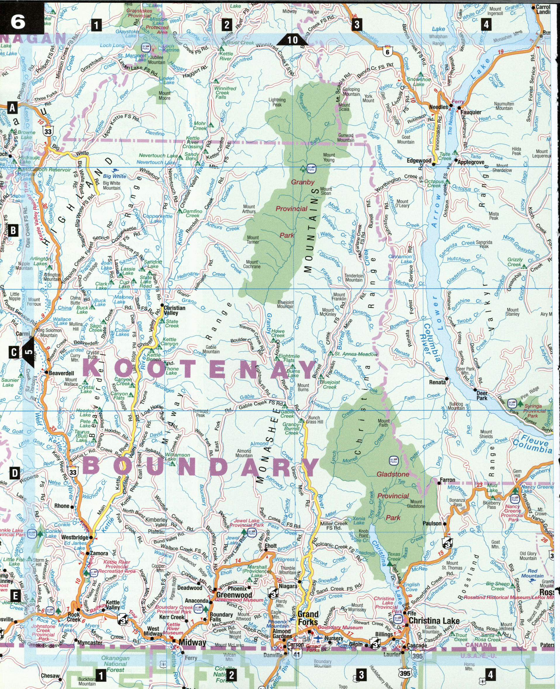 Kootenay Boundary map. Detailed map of Kootenay Boundary with streets, roads, and highways