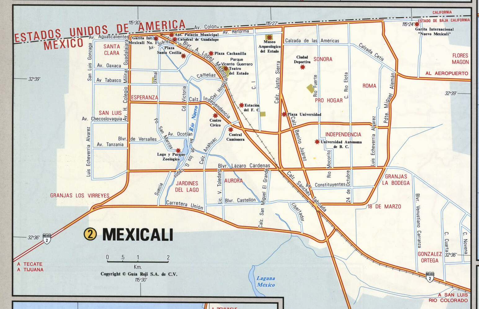 Mexicali city map. Detailed map of Mexicali with streets, roads, and public places.