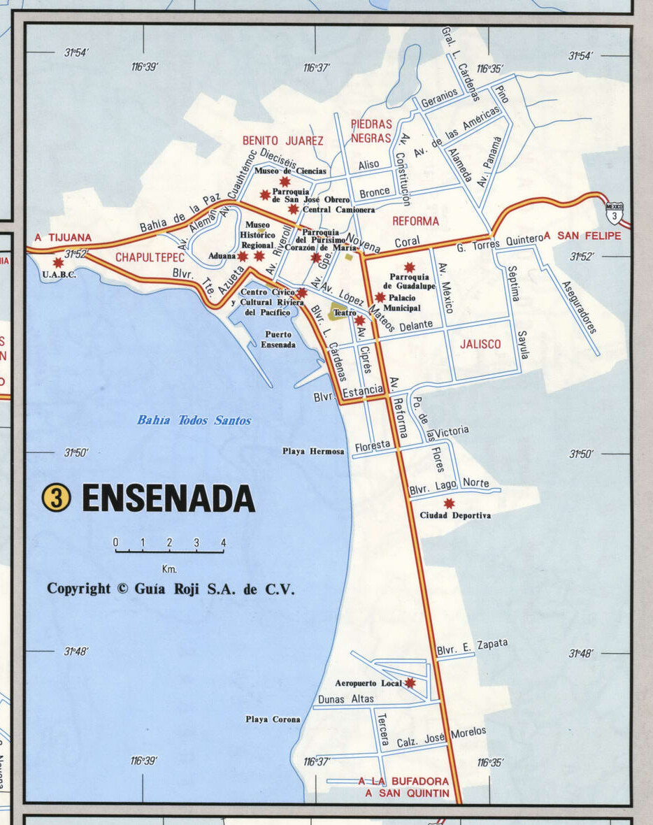 Ensenada city map. Detailed map of Ensenada with streets, roads, and public places. Ensenada city map. Detailed map of Ensenada with streets, roads, and public places.