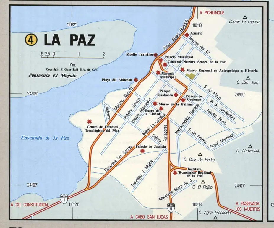 La Paz city map. Detailed map of La Paz with streets, roads, and public places.