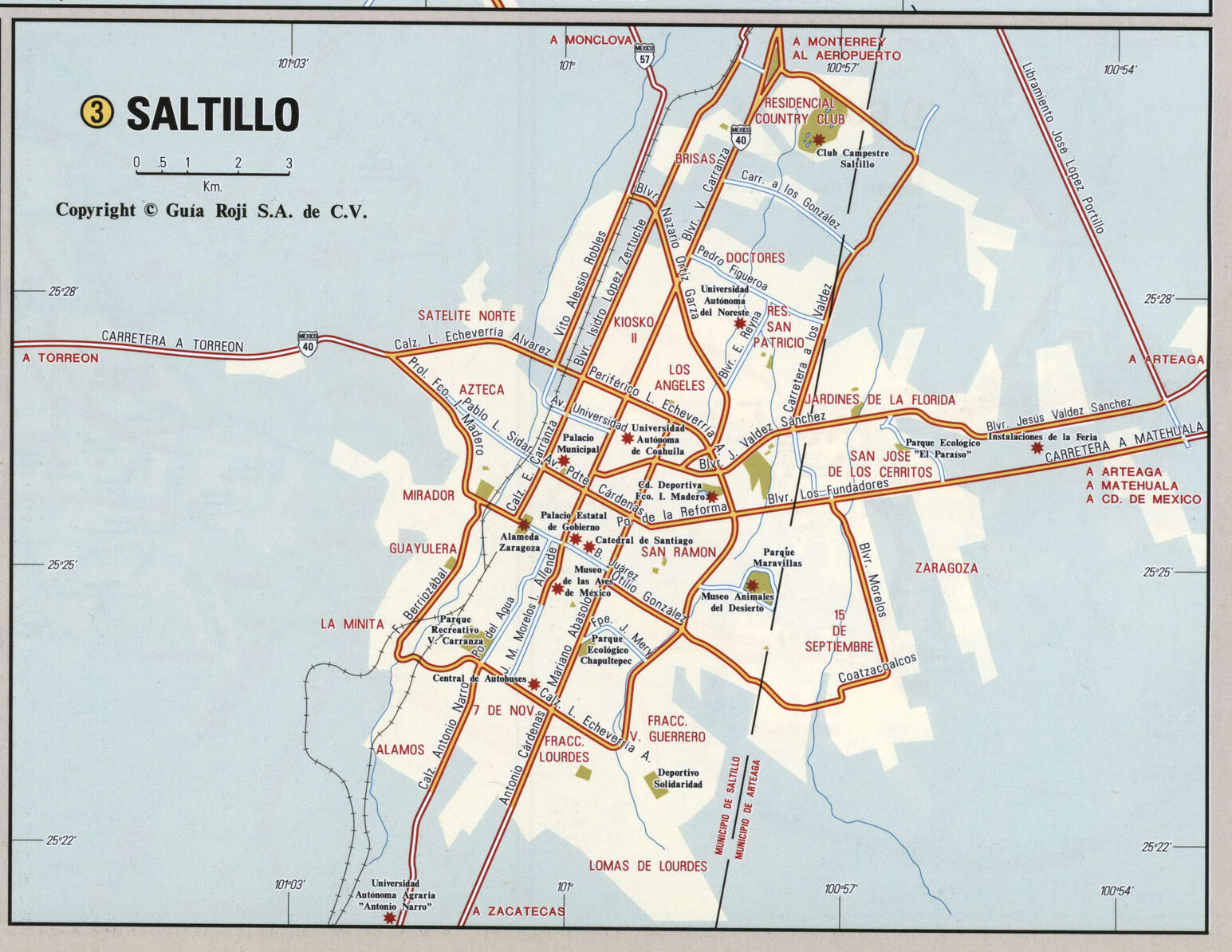 Saltillo city map. Detailed map of Saltillo with streets, roads, and public places.