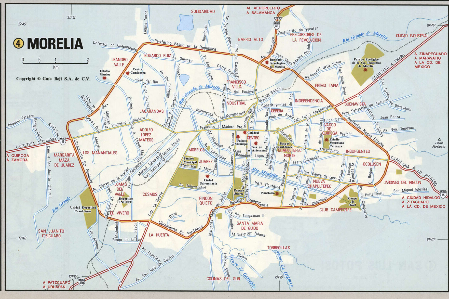 Morelia city map. Detailed map of Morelia with streets, roads, and public places.