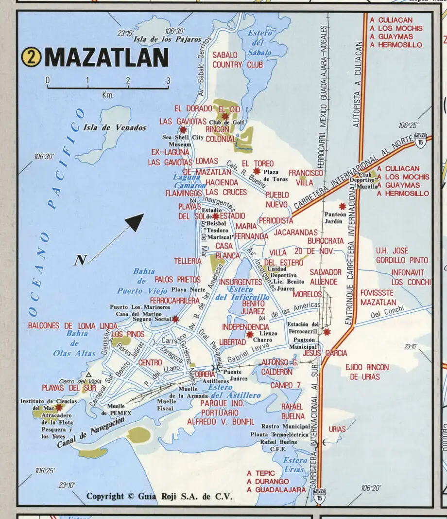Mazatlan city map. Detailed map of Mazatlan with streets, roads, and public places.