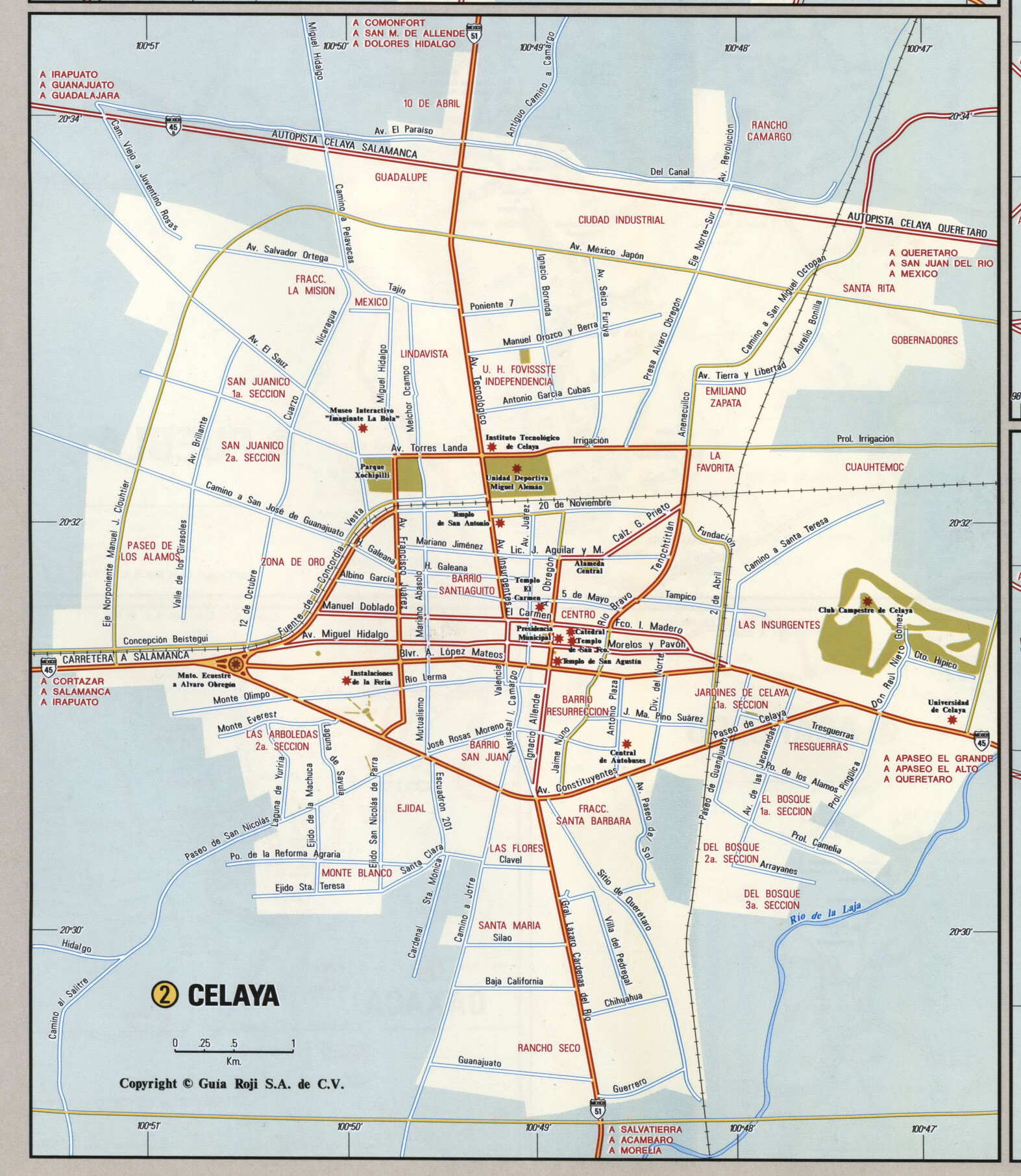 Celaya city map. Detailed map of Celaya with streets, roads, and public places.