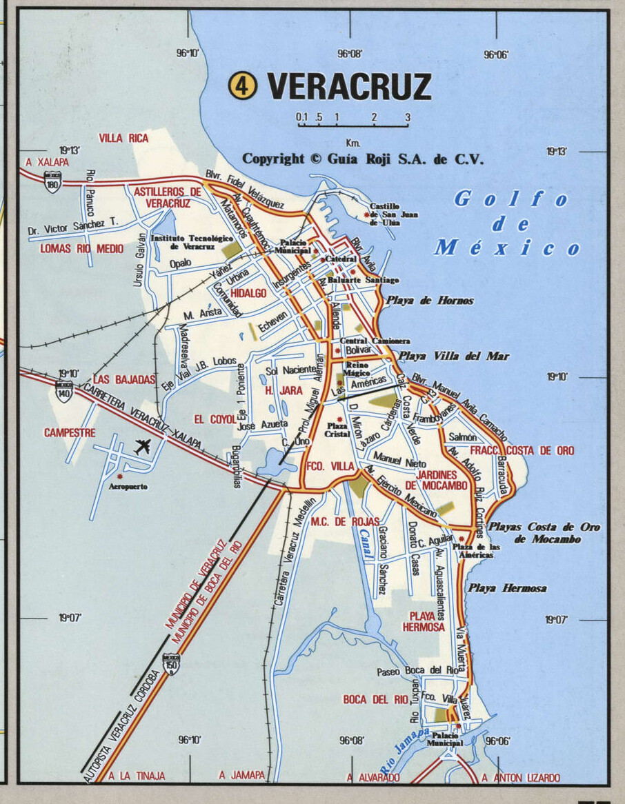 Veracruz city map. Detailed map of Veracruz with streets, roads, and public places.