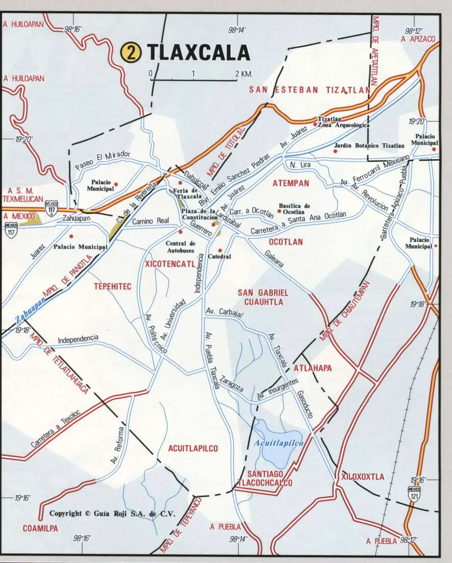 Tlaxcala city map. Detailed map of Tlaxcala with streets, roads, and public places.