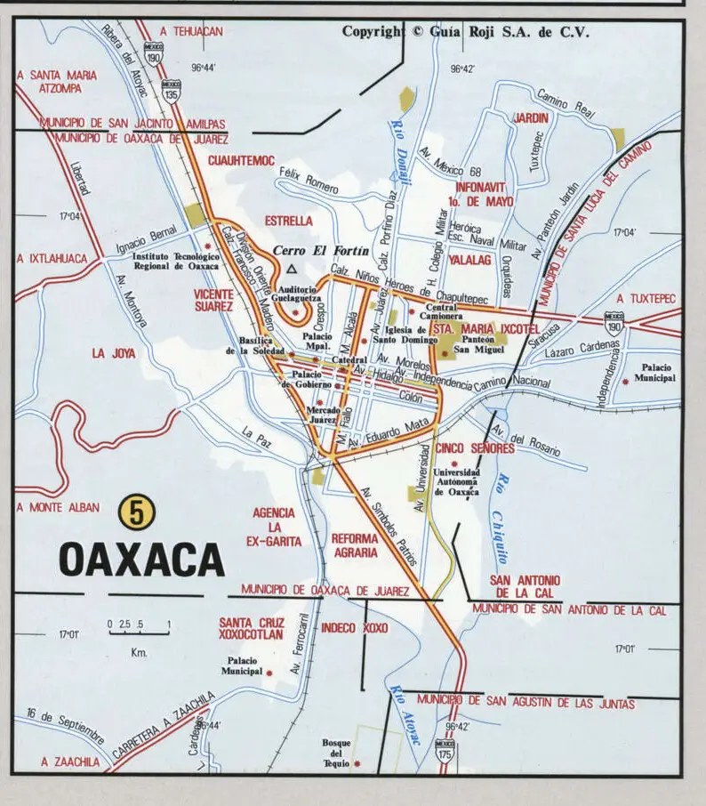 Oaxaca city map. Detailed map of Oaxaca with streets, roads, and public places.