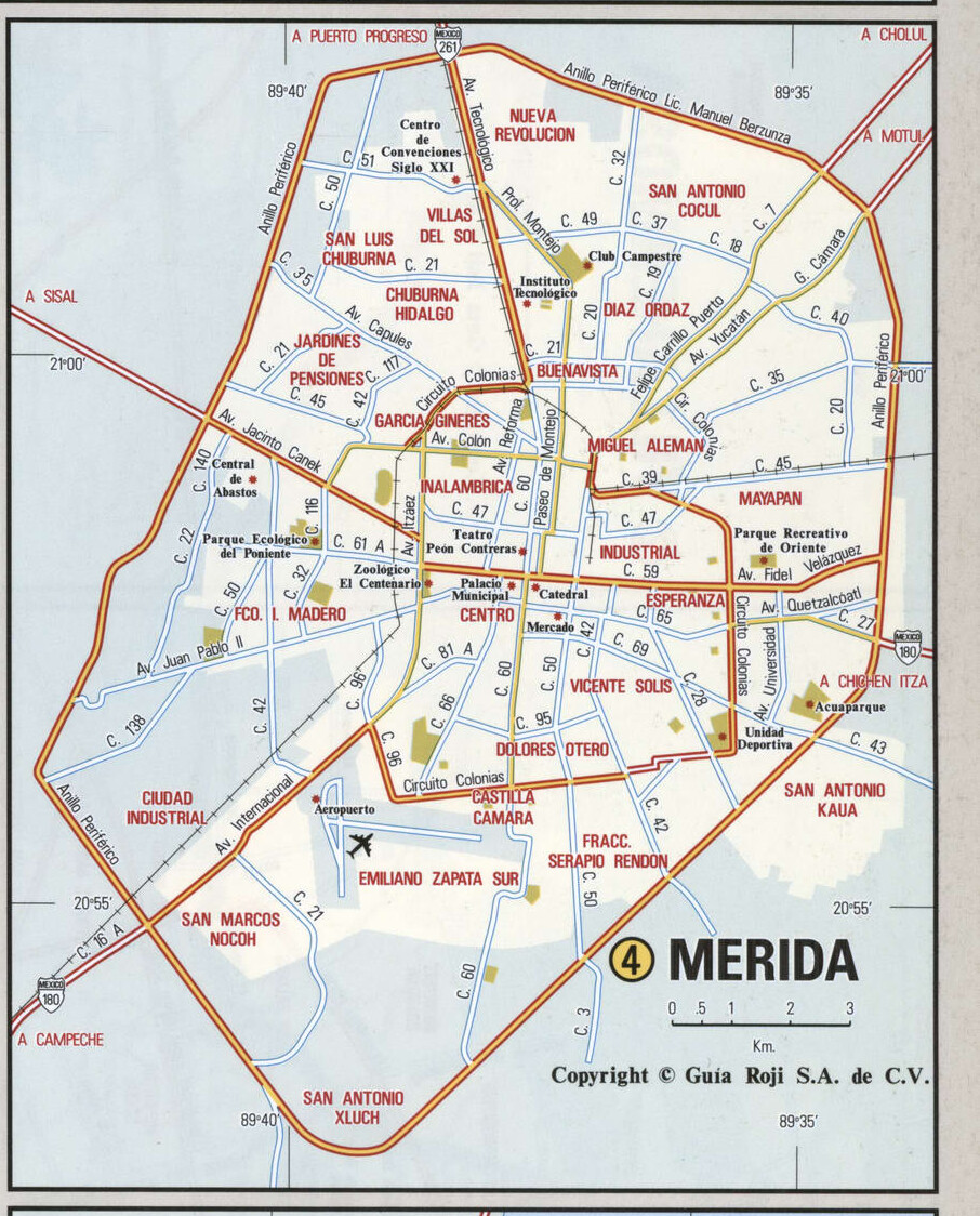 Merida city map. Detailed map of Merida with streets, roads, and public places.