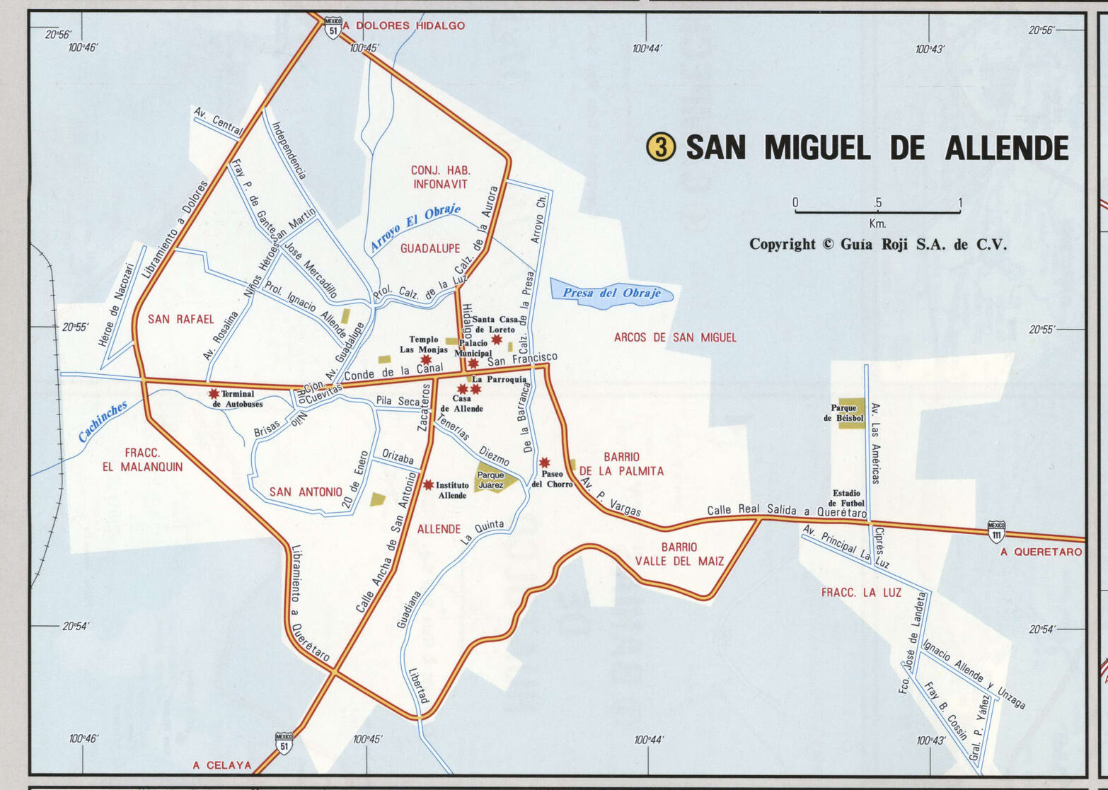 San Miguel de Allende map. Detailed map of San Miguel de Allende with streets, roads, and public places.
