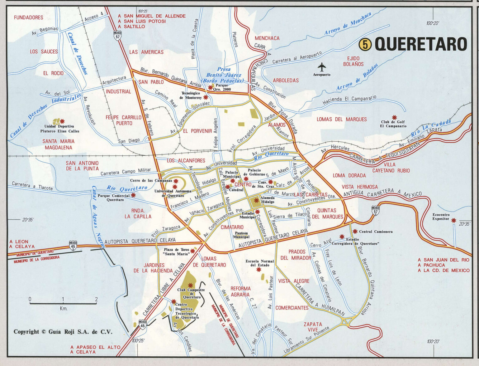 Queretaro city map. Detailed map of Queretaro with streets, roads, and public places.