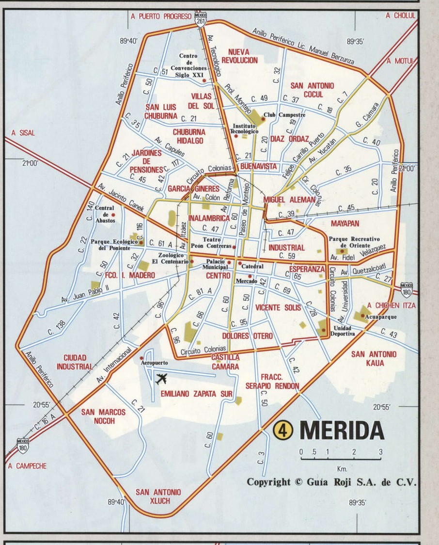 Merida city map. Free detailed map of Merida city Mexico