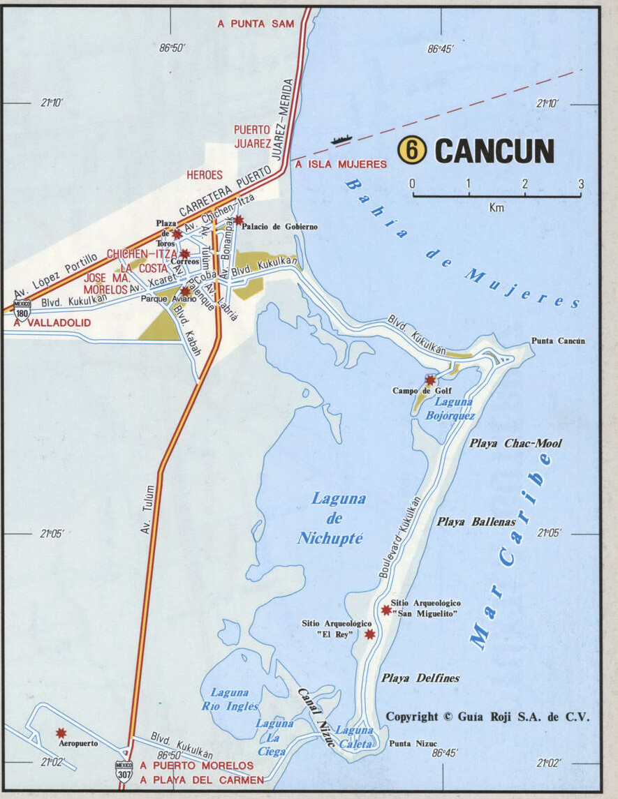 Cancun city map. Detailed map of Cancun with streets, roads, and public places.