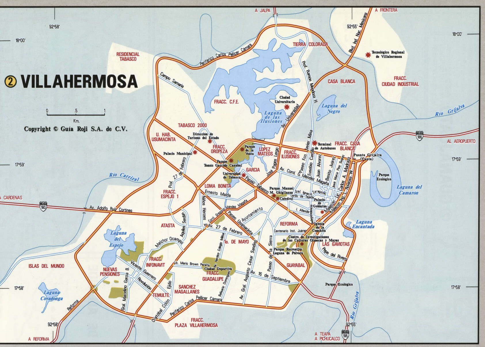 VillaHermosa city map. Detailed map of Villahermosa with streets, roads, and public places.