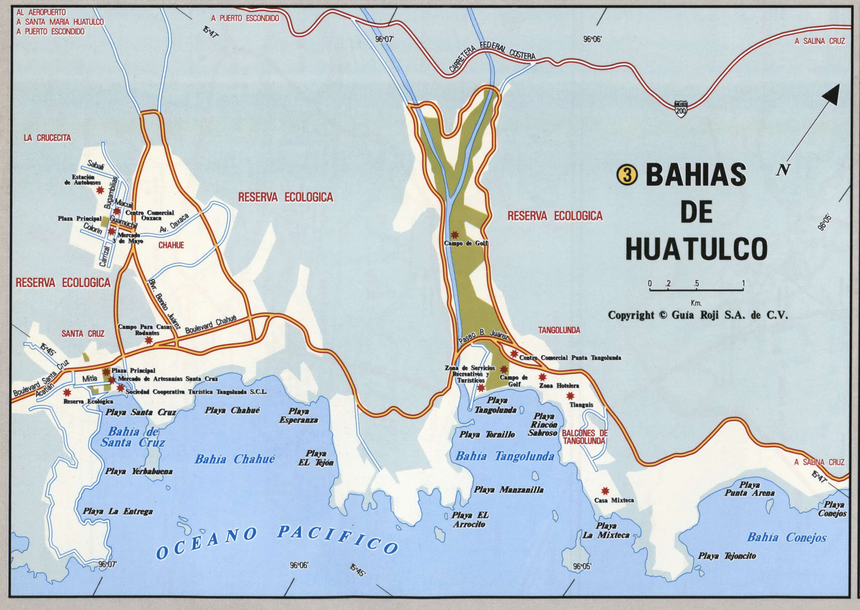 Bahias de Huatulco city map. Detailed map of Bahias de Huatulco with streets, roads, and public places.