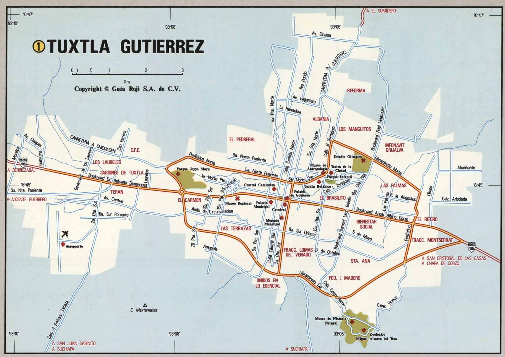 Tuxtla Gutierrez city map. Detailed map of Tuxtla Gutierrez with streets, roads, and public places.