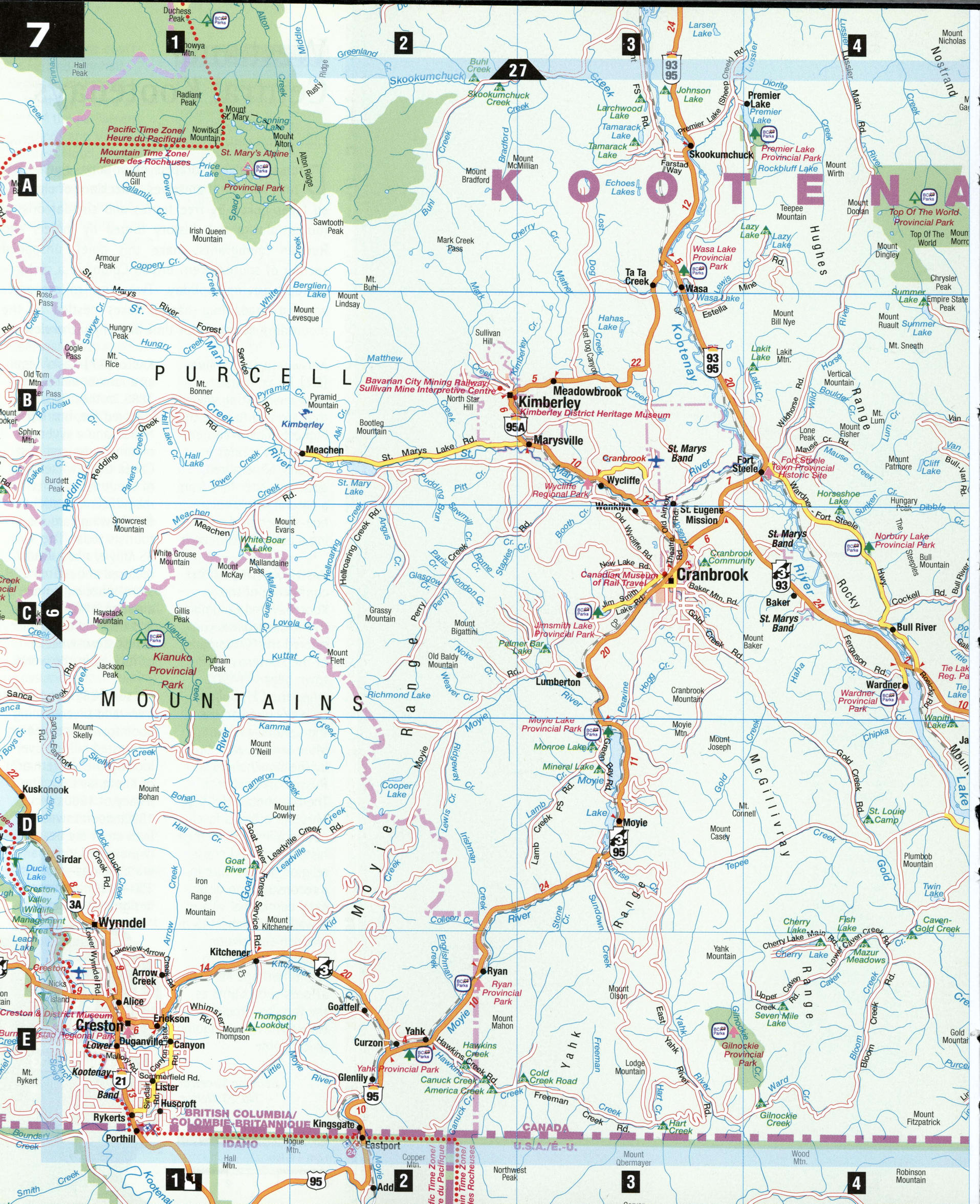 Kootenay map. Detailed map of Kootenay Boundary with streets, roads, and highways