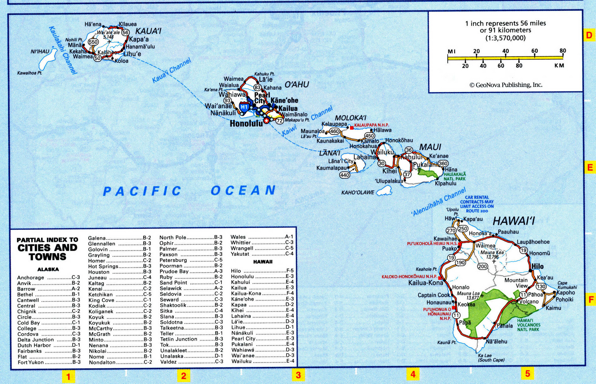 Hawaii map. Map of the Hawaii highway with cities, villages, and rest areas.