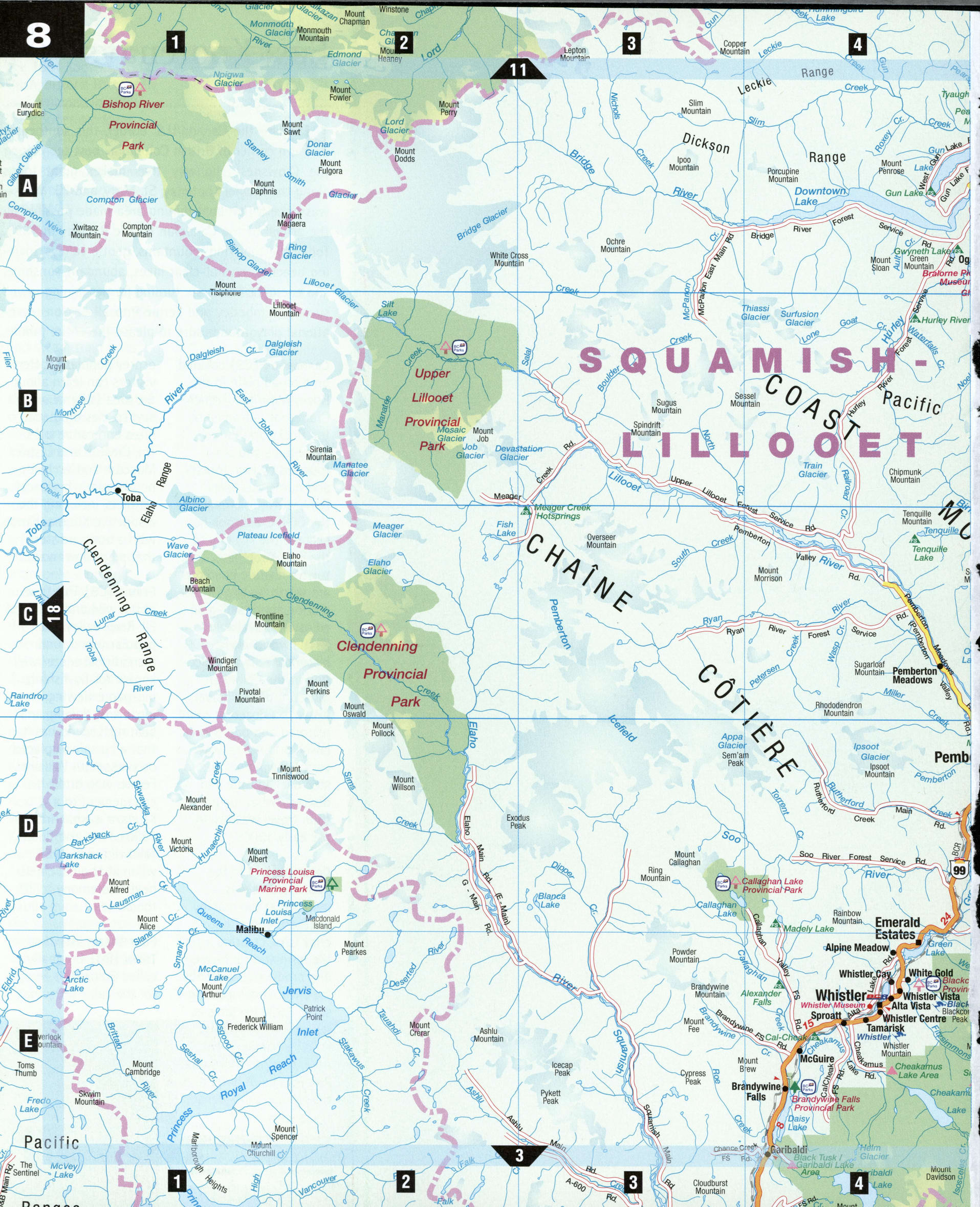 Squamish Lillooet map. Detailed map of the surroundings of Lillooet with roads, villages, names of rivers and streams, mountains, and hills.