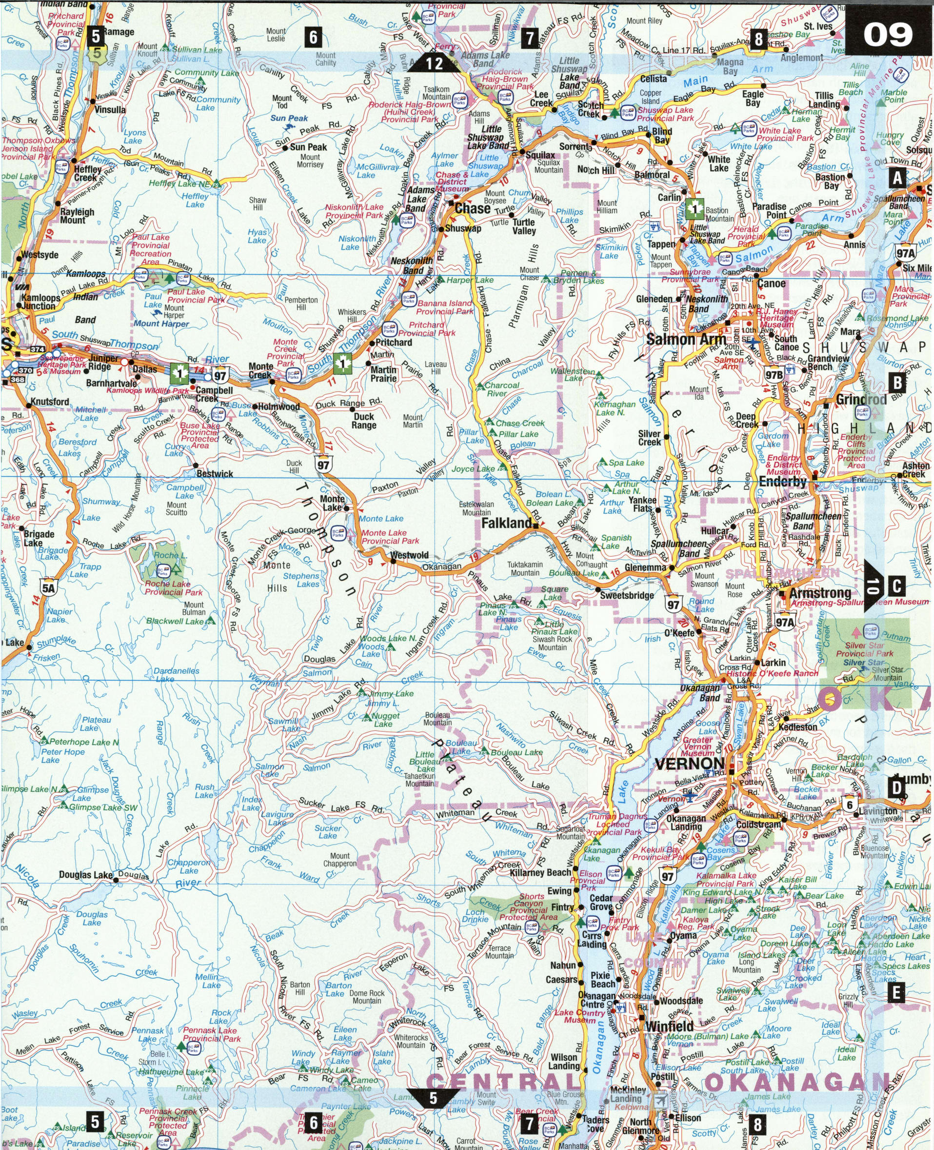 Thompson Nicola BC. Detailed map of the surroundings of Vernon with roads, villages, names of rivers and streams, mountains, and hills.