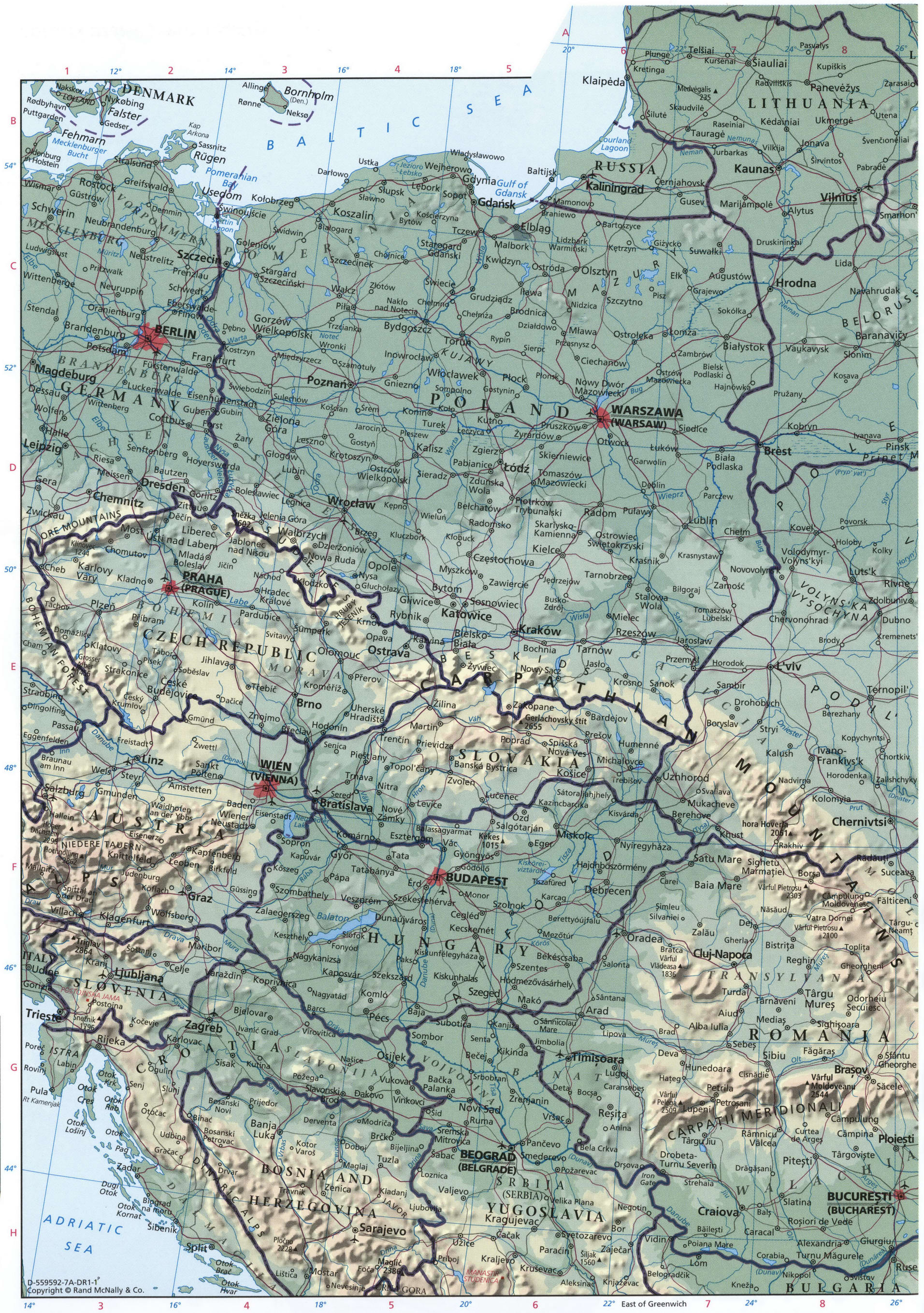 Central Europe map. Detailed physical map of Belarus and Ukraine with cities and roads Central Europe map. Detailed physical map of Belarus and Ukraine with cities and roads