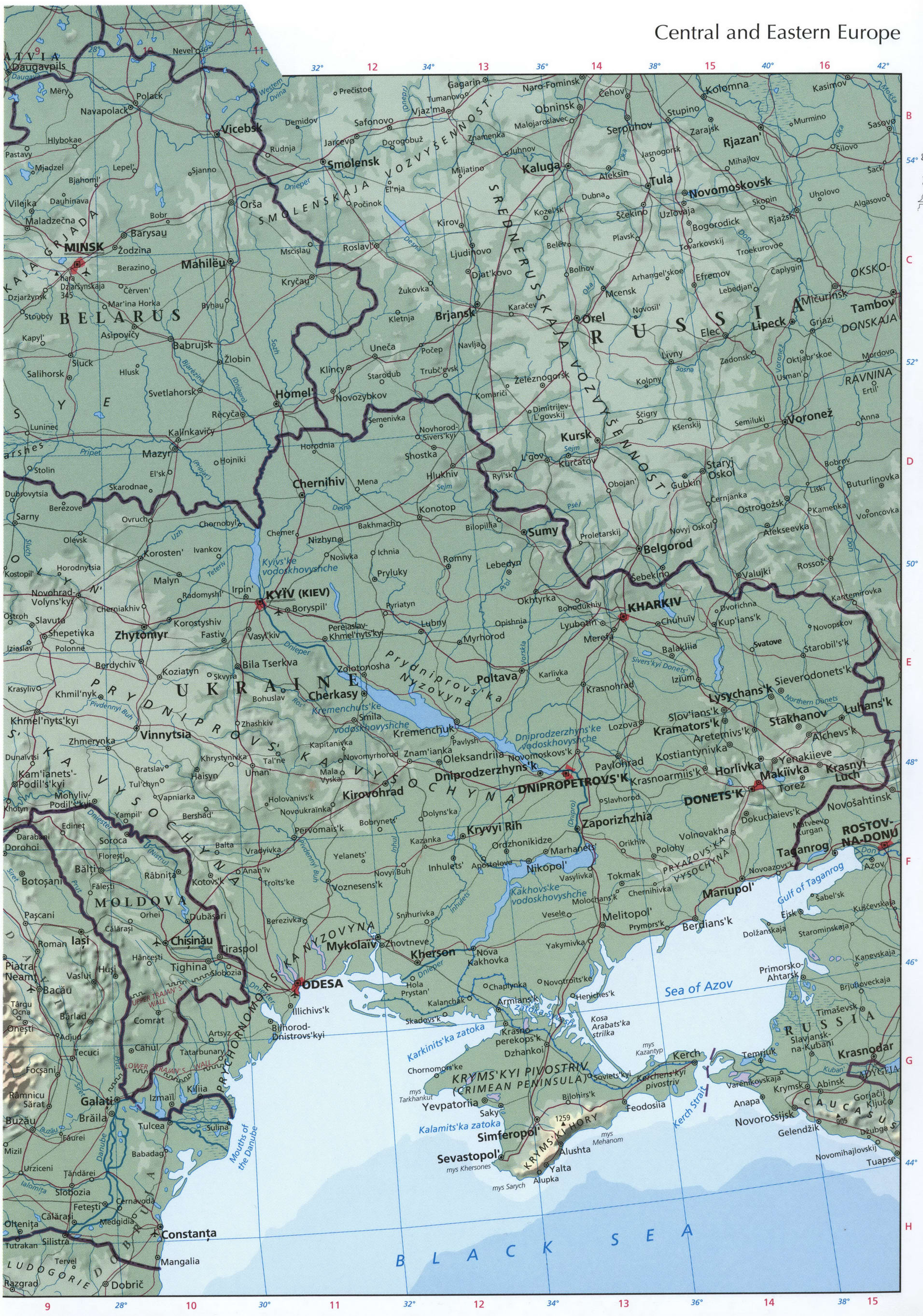 Central and Eastern Europe map. Detailed physical map of Belarus and Ukraine with cities and roads Central and Eastern Europe map. Detailed physical map of Belarus and Ukraine with cities and roads