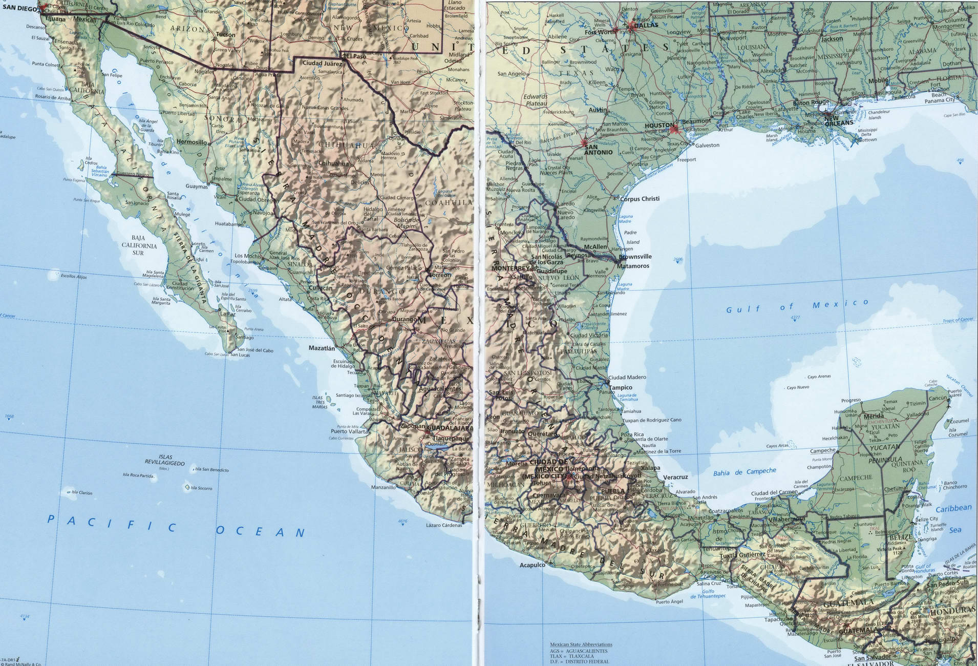 Mexico map geography. A large detailed physical map of Mexico with borders and cities.
