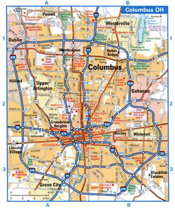 Map of highways and local roads of Columbus with route numbers<br />Columbus OH tourist map with points of interest