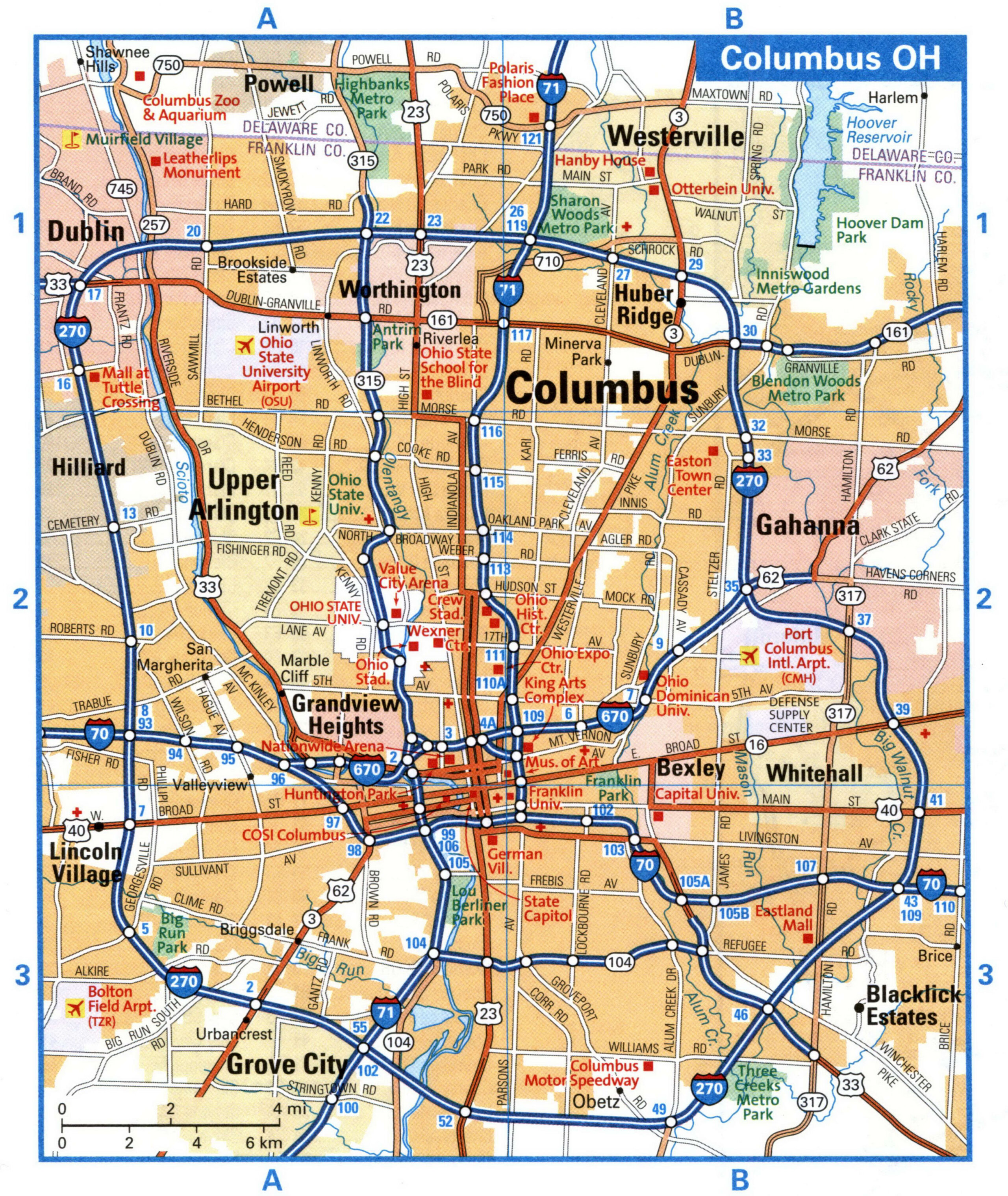 Map of highways and local roads of Columbus with route numbers<br />Columbus OH tourist map with points of interest