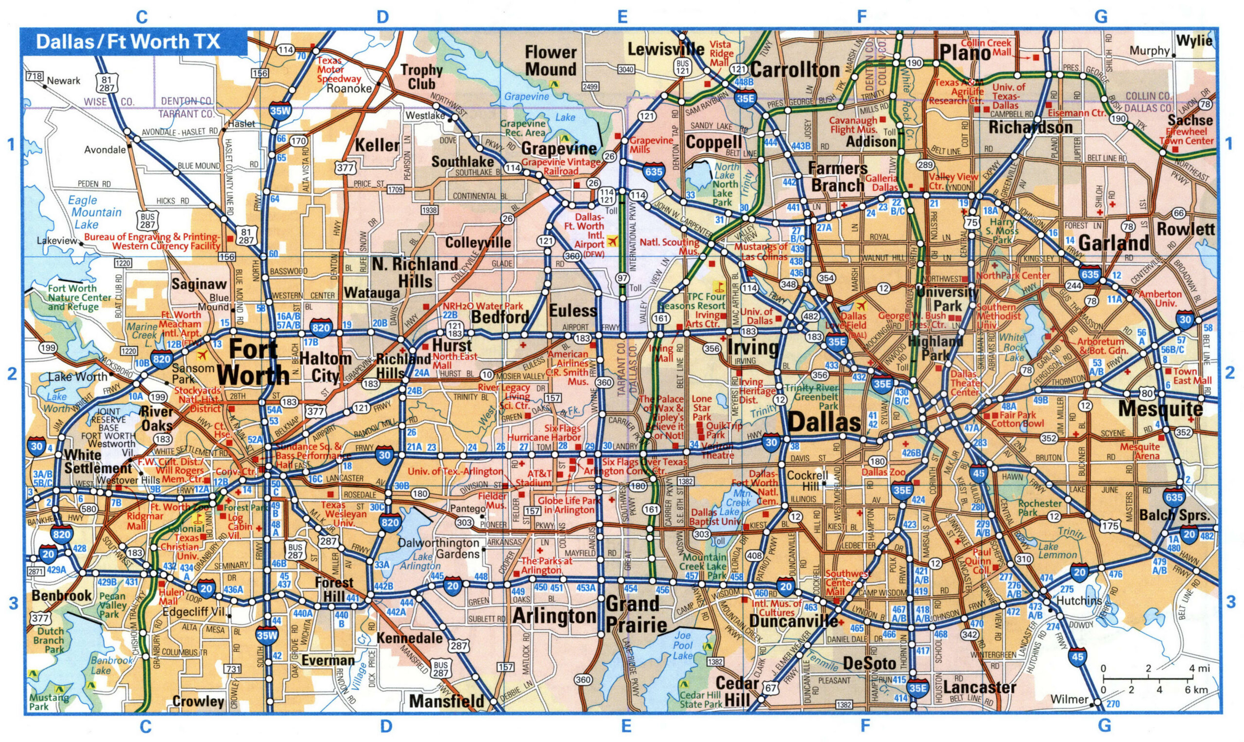 Map of highways and local roads of Fort Worth with route numbers<br />Fort Worth TX tourist map with points of interest