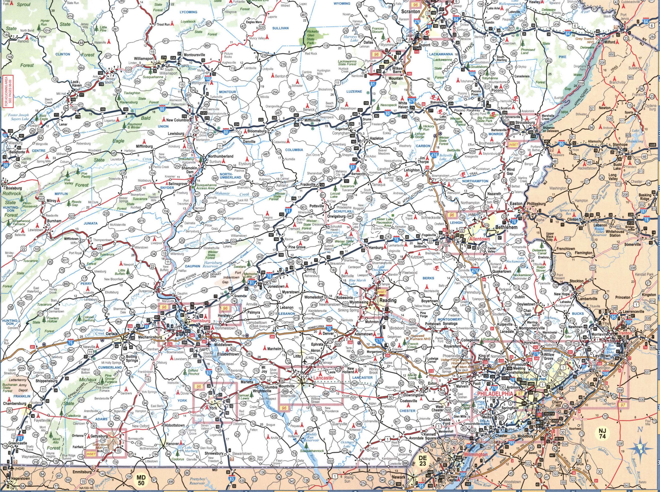 Detailed map of the southeast of the state of Pennsylvania with cities and roads