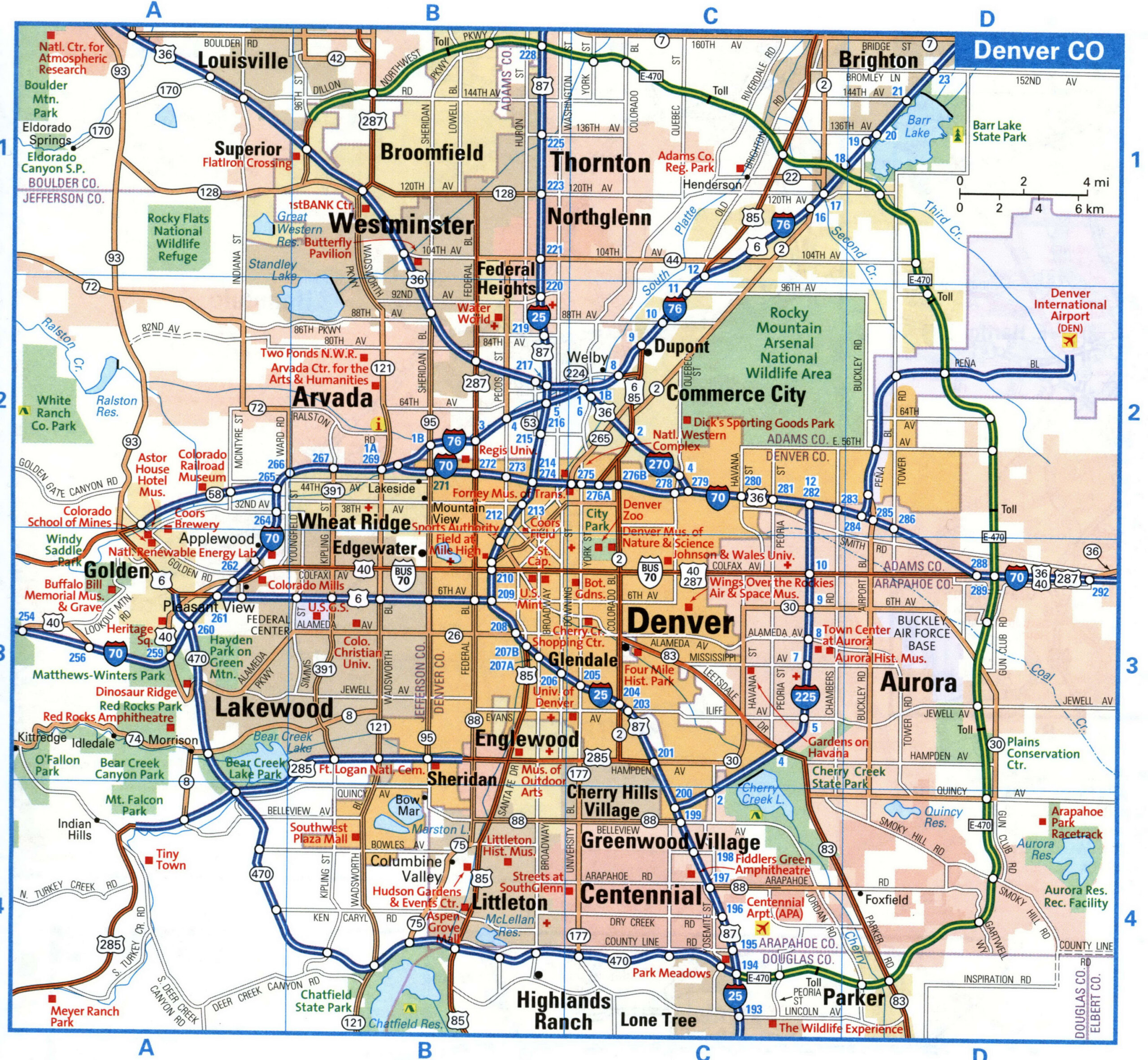 Map of Denver highways and local roads with route numbers<br />Denver tourist map with points of interest