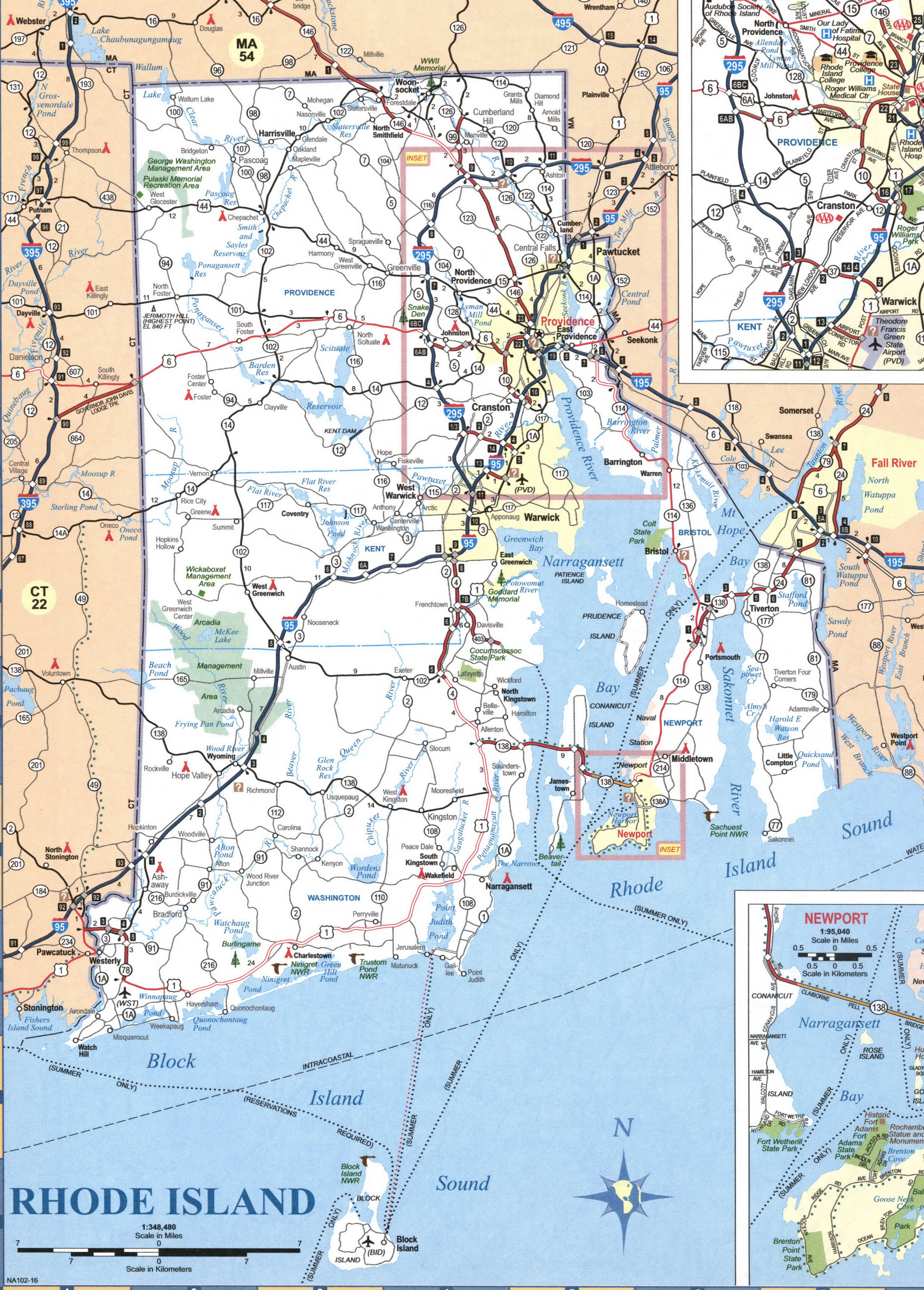 Detailed map of the state of Rhode Island with cities and roads
