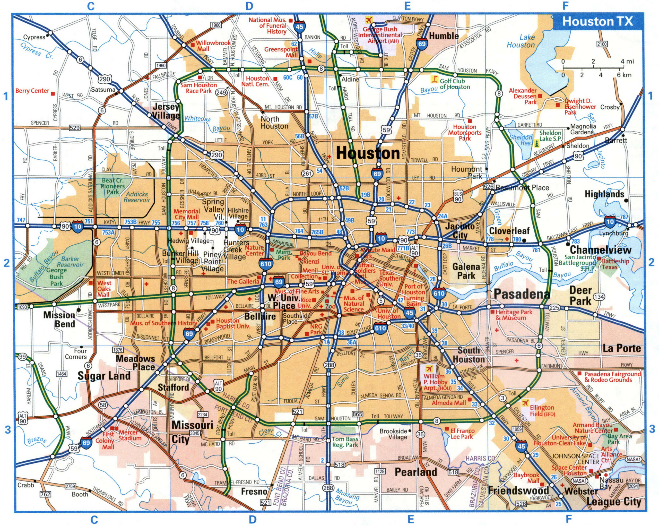Houston TX tourist map with points of interest