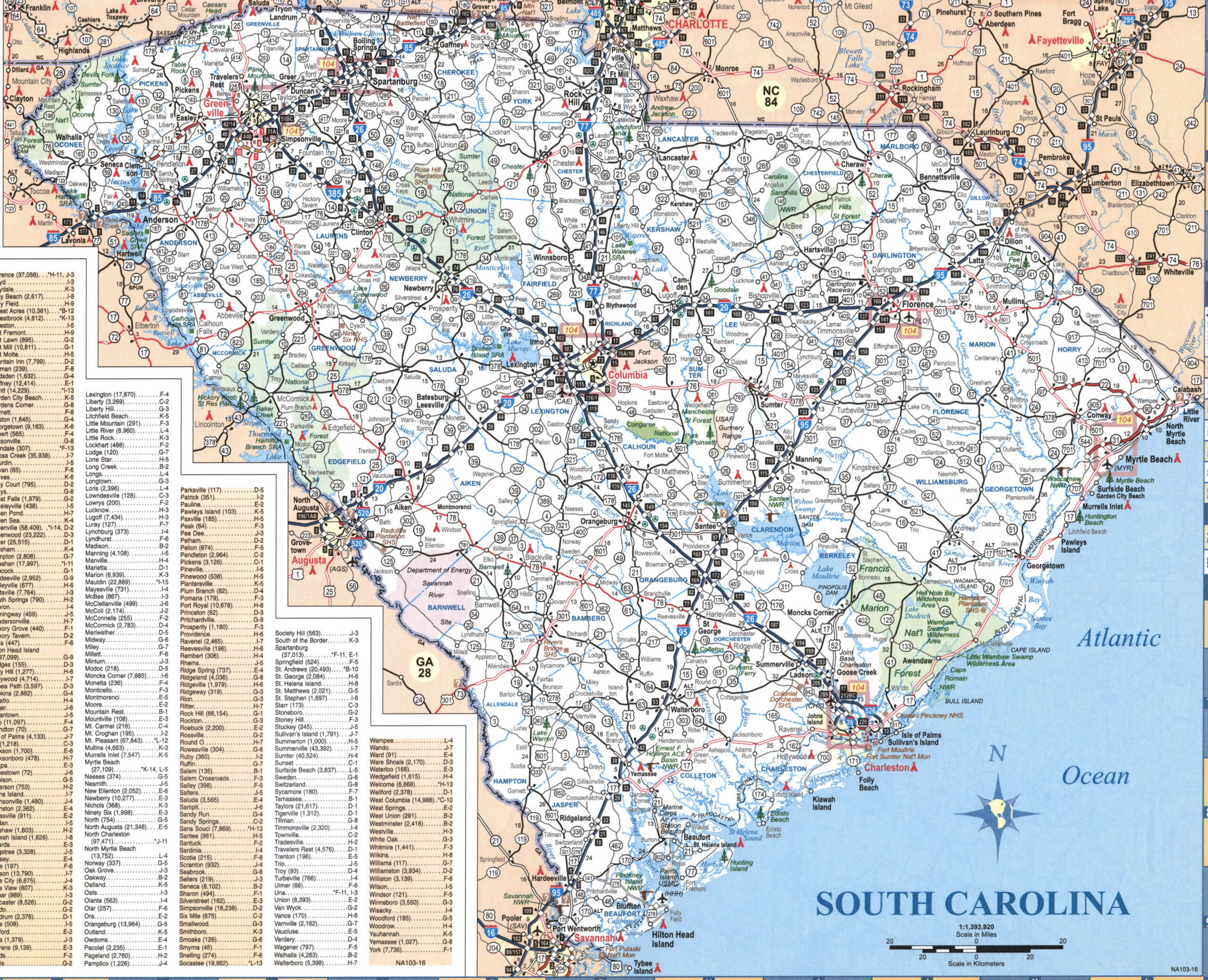 Detailed map of the state of South Carolina with cities and roads