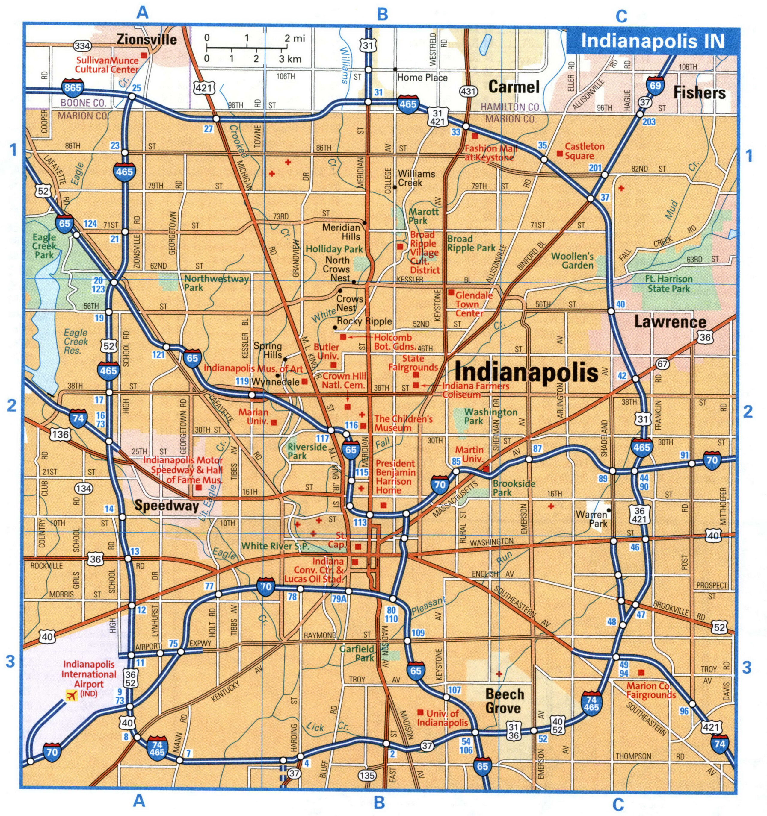Indianapolis IN tourist map with points of interest