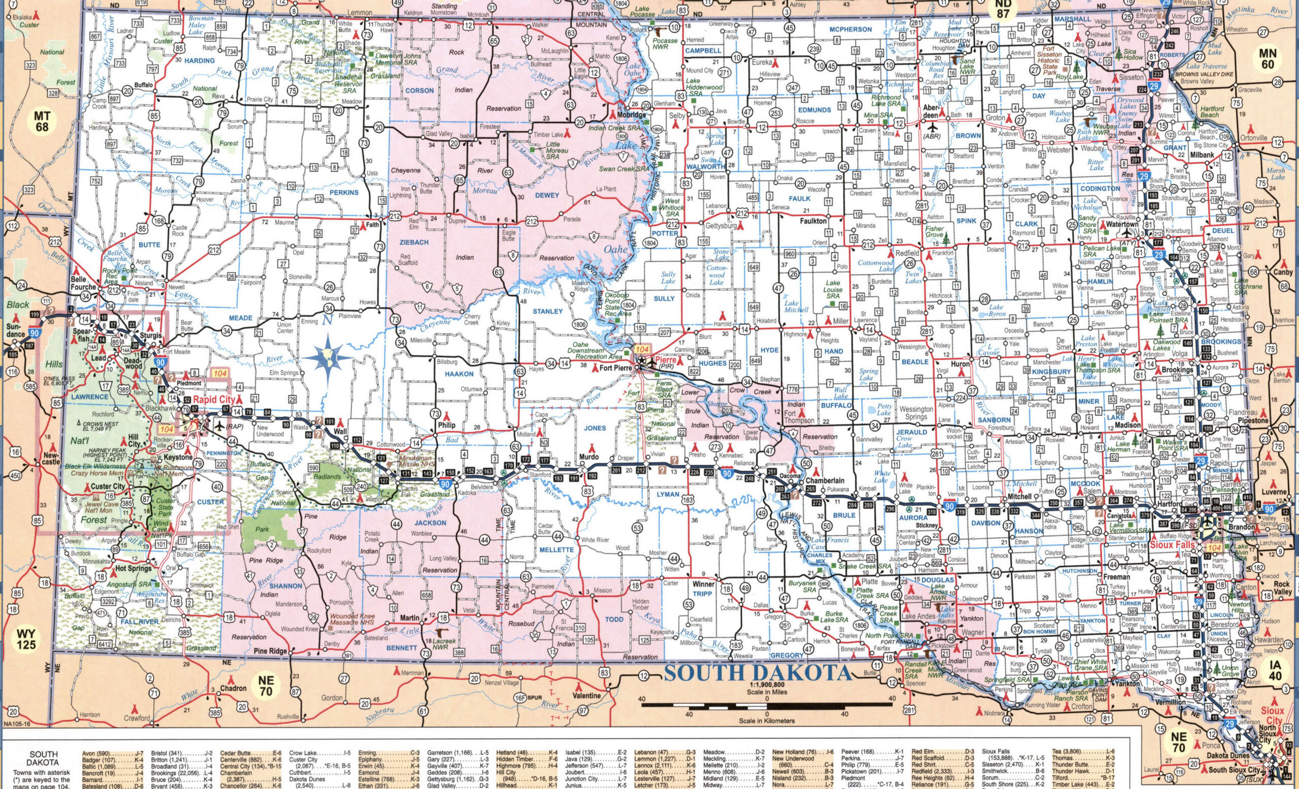 Detailed map of the state of South Dakota with cities and roads