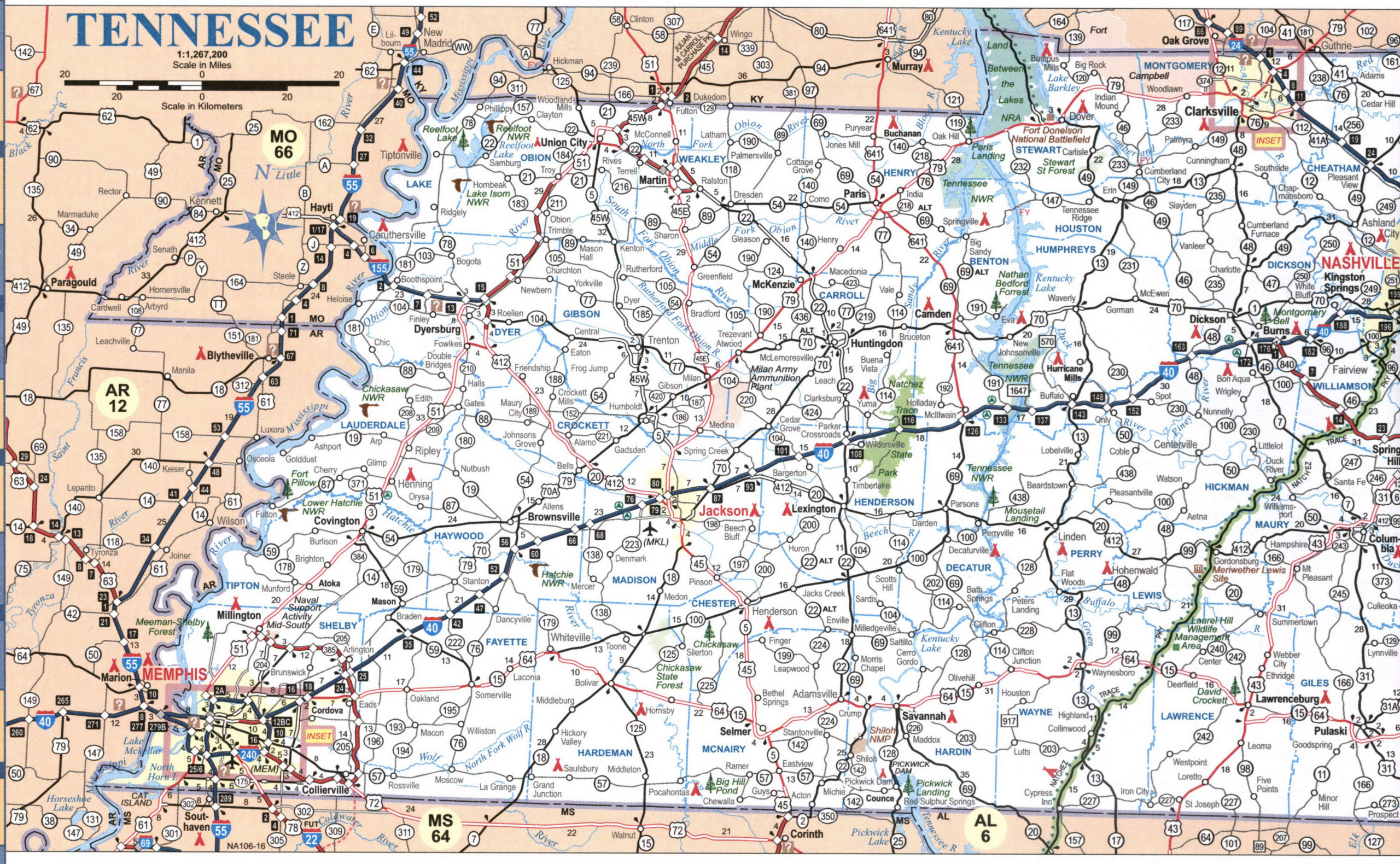 Detailed map of western Tennessee showing cities and roads